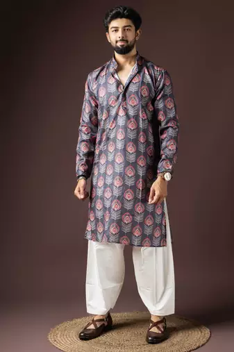 Dark grey color beautiful printed blended cotton fabric ceremonial men's kurta payjama
