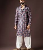 Dark grey color beautiful printed blended cotton fabric ceremonial men's kurta payjama