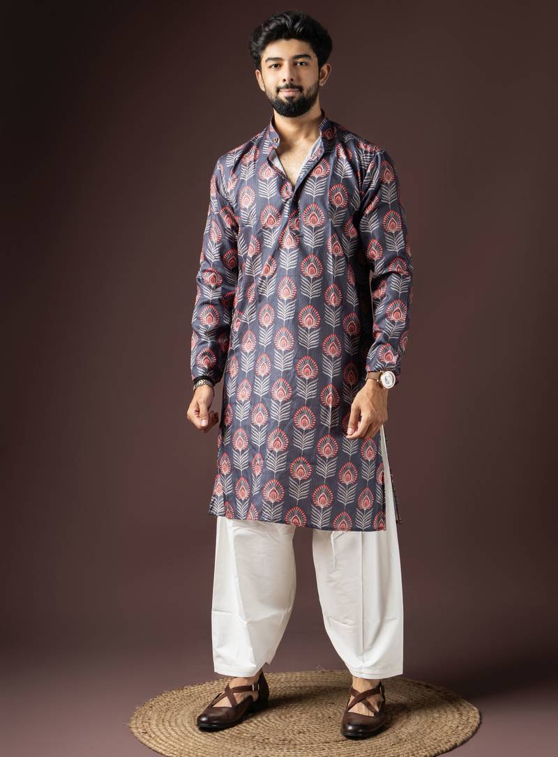 Dark grey color beautiful printed blended cotton fabric ceremonial men's kurta payjama