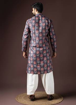 Dark grey color beautiful printed blended cotton fabric ceremonial men's kurta payjama 2