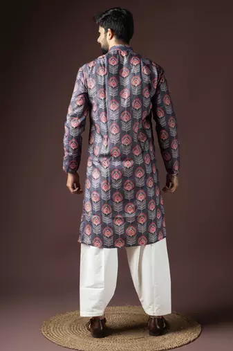 Dark grey color beautiful printed blended cotton fabric ceremonial men's kurta payjama