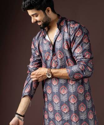 Dark grey color beautiful printed blended cotton fabric ceremonial men's kurta payjama 3