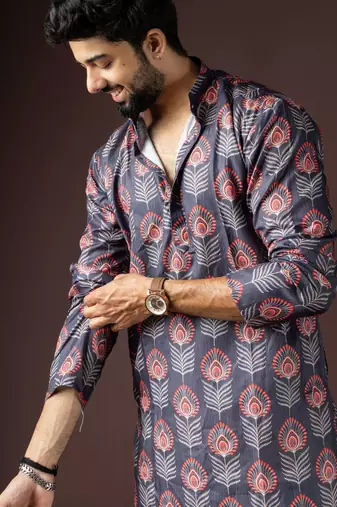 Dark grey color beautiful printed blended cotton fabric ceremonial men's kurta payjama