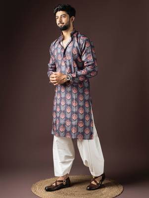 Dark grey color beautiful printed blended cotton fabric ceremonial men's kurta payjama 4