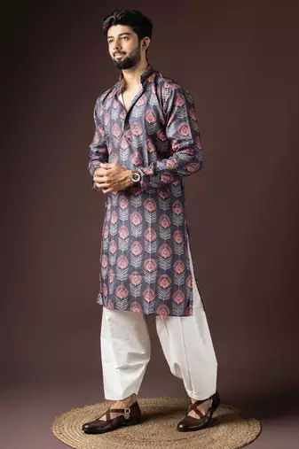 Dark grey color beautiful printed blended cotton fabric ceremonial men's kurta payjama