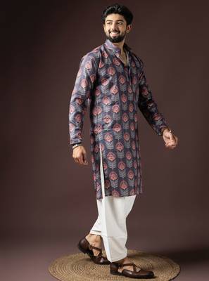 Dark grey color beautiful printed blended cotton fabric ceremonial men's kurta payjama 5