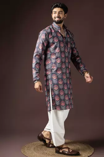 Dark grey color beautiful printed blended cotton fabric ceremonial men's kurta payjama
