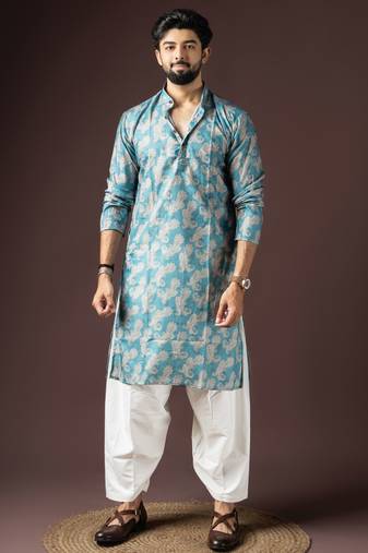 Cyan blue color beautiful printed blended cotton fabric ceremonial men's kurta payjama
