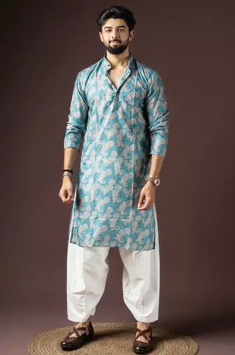 Cyan blue color beautiful printed blended cotton fabric ceremonial men's kurta payjama