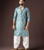 Cyan blue color beautiful printed blended cotton fabric ceremonial men's kurta payjama