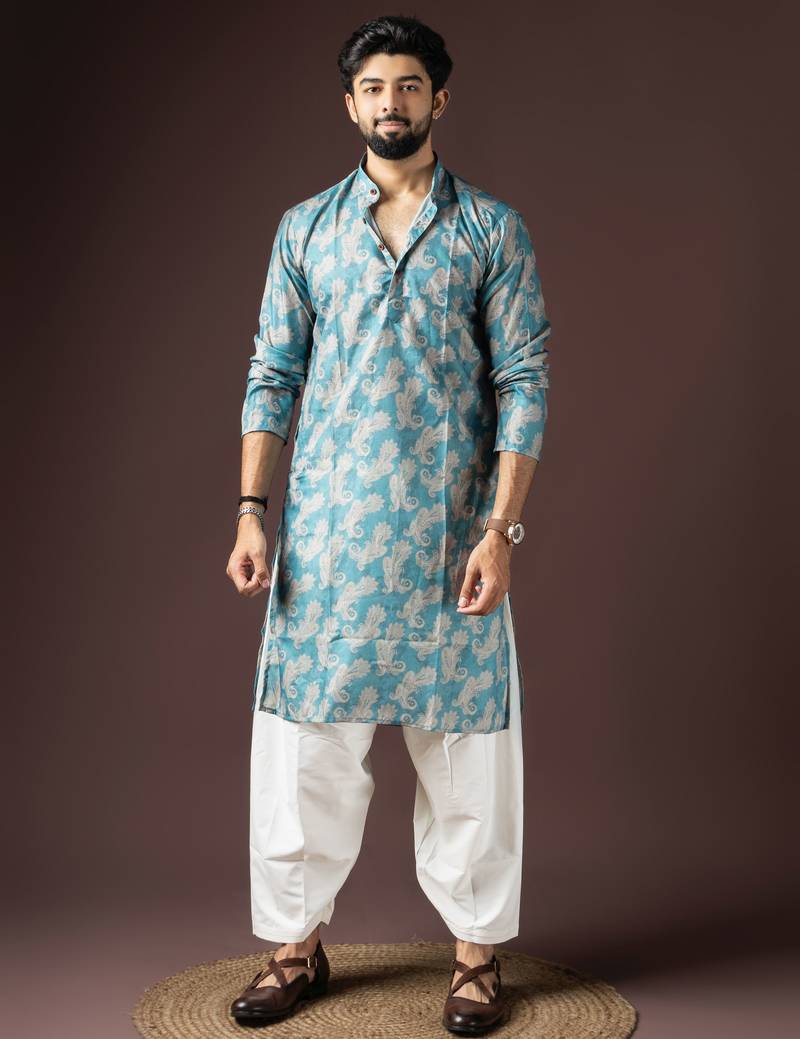Cyan blue color beautiful printed blended cotton fabric ceremonial men's kurta payjama