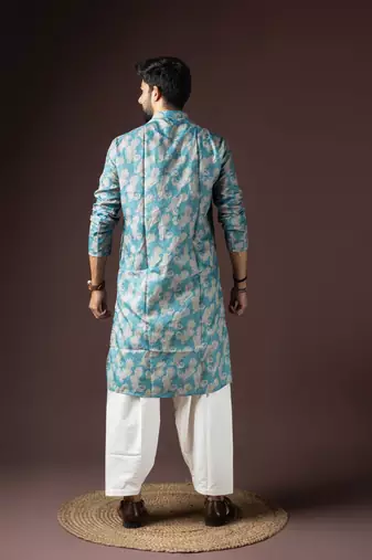 Cyan blue color beautiful printed blended cotton fabric ceremonial men's kurta payjama