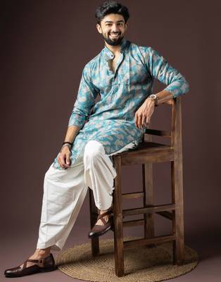 Cyan blue color beautiful printed blended cotton fabric ceremonial men's kurta payjama 3