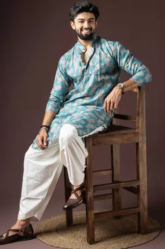Cyan blue color beautiful printed blended cotton fabric ceremonial men's kurta payjama