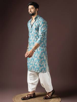 Cyan blue color beautiful printed blended cotton fabric ceremonial men's kurta payjama 4