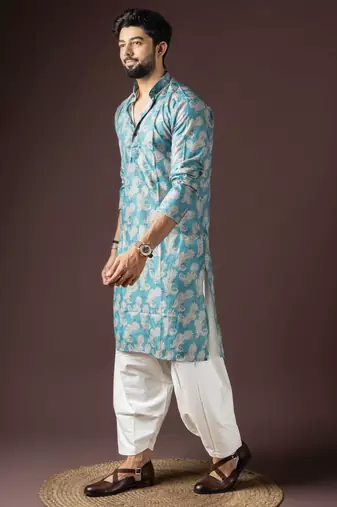 Cyan blue color beautiful printed blended cotton fabric ceremonial men's kurta payjama
