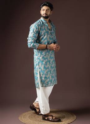 Cyan blue color beautiful printed blended cotton fabric ceremonial men's kurta payjama 5