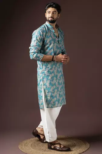 Cyan blue color beautiful printed blended cotton fabric ceremonial men's kurta payjama
