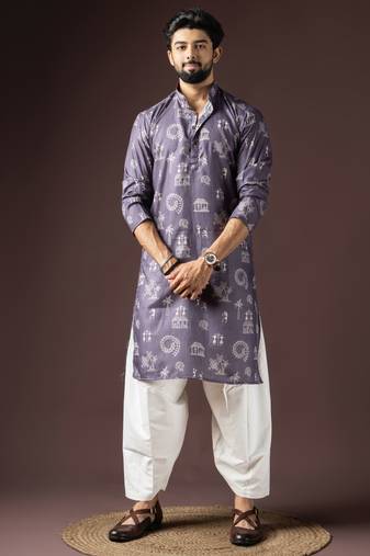 Dark purple color beautiful printed blended cotton fabric ceremonial men's kurta payjama