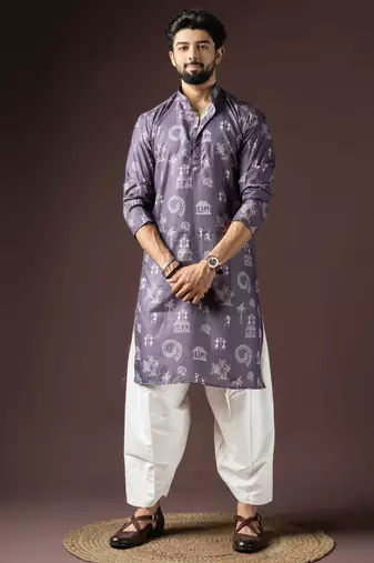 Dark purple color beautiful printed blended cotton fabric ceremonial men's kurta payjama