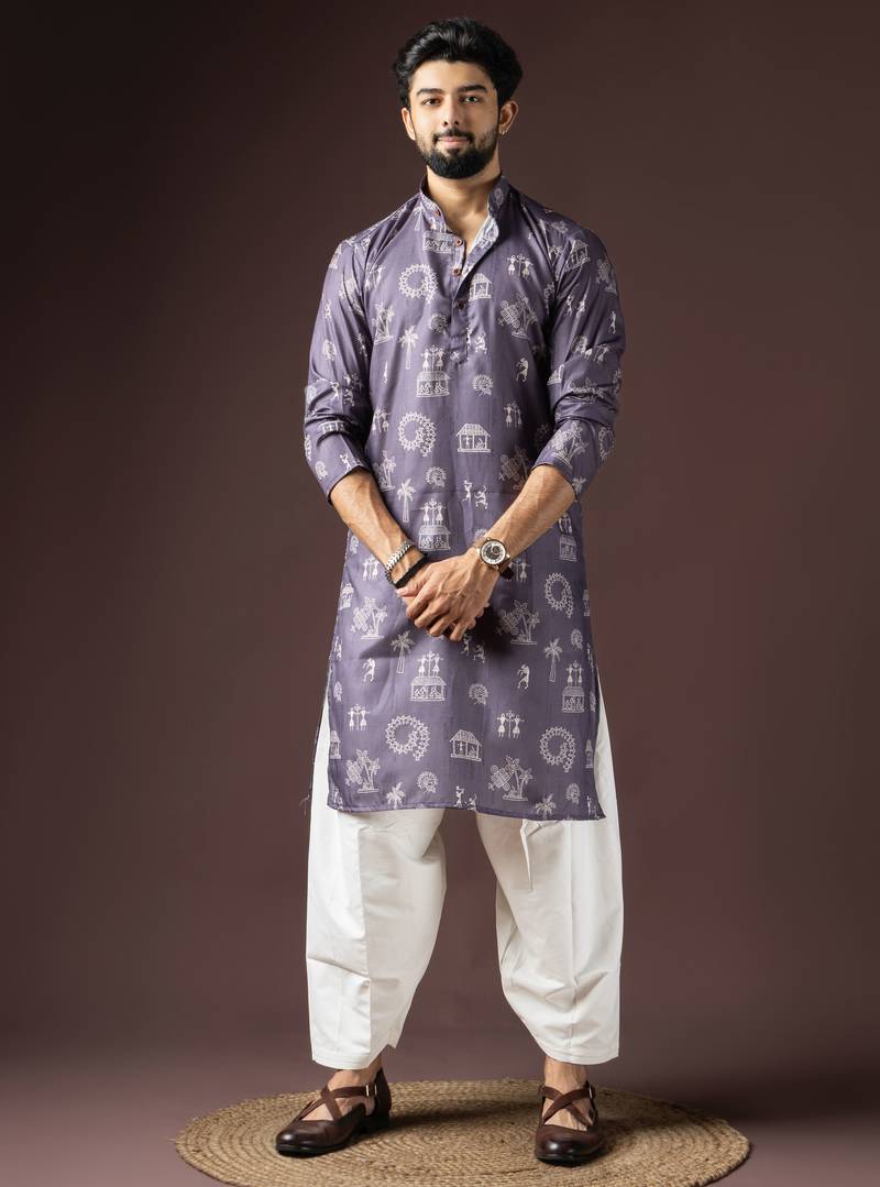 Dark purple color beautiful printed blended cotton fabric ceremonial men's kurta payjama