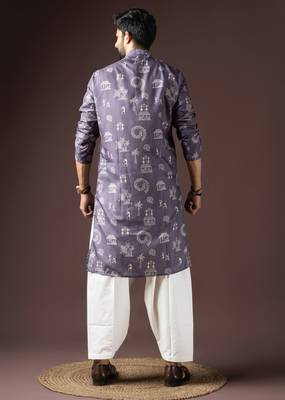 Dark purple color beautiful printed blended cotton fabric ceremonial men's kurta payjama 2