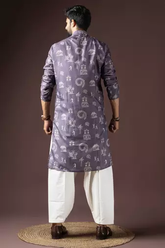 Dark purple color beautiful printed blended cotton fabric ceremonial men's kurta payjama