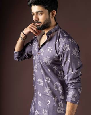 Dark purple color beautiful printed blended cotton fabric ceremonial men's kurta payjama 3