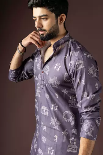 Dark purple color beautiful printed blended cotton fabric ceremonial men's kurta payjama