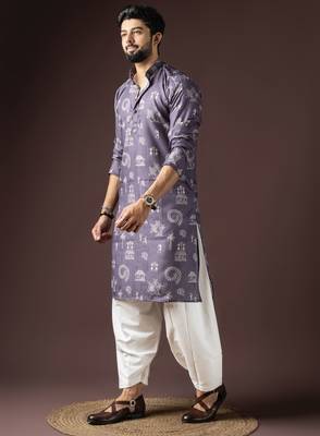 Dark purple color beautiful printed blended cotton fabric ceremonial men's kurta payjama 4