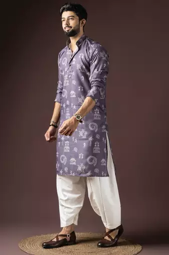 Dark purple color beautiful printed blended cotton fabric ceremonial men's kurta payjama