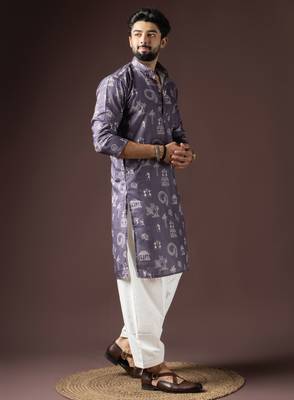 Dark purple color beautiful printed blended cotton fabric ceremonial men's kurta payjama 5