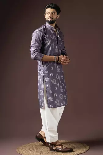Dark purple color beautiful printed blended cotton fabric ceremonial men's kurta payjama