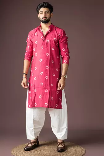 Pink color beautiful printed viscose  fabric ceremonial men's kurta payjama
