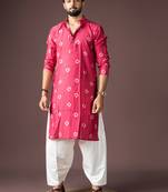 Pink color beautiful printed viscose  fabric ceremonial men's kurta payjama