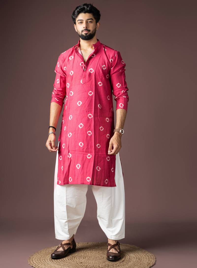 Pink color beautiful printed viscose  fabric ceremonial men's kurta payjama