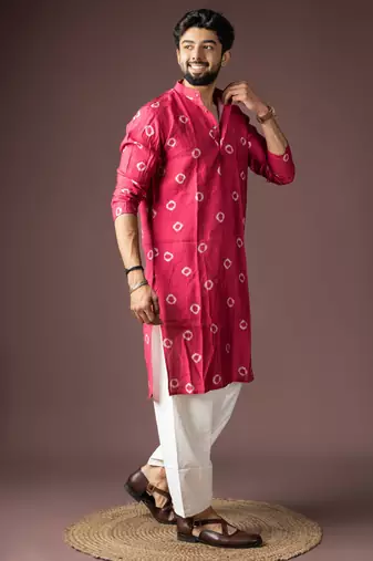 Pink color beautiful printed viscosee fabric ceremonial men's kurta payjama