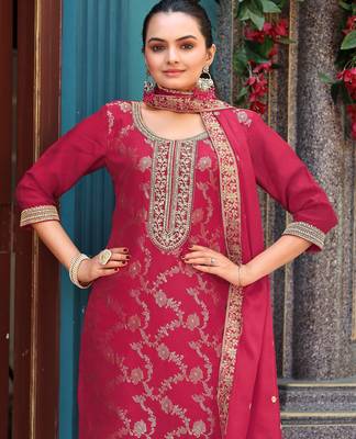 Pink color viscosee jacquard woven and embroidered salwar kameez 3