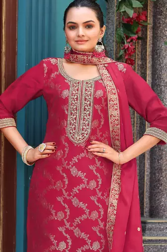 Pink color viscosee jacquard woven and embroidered salwar kameez