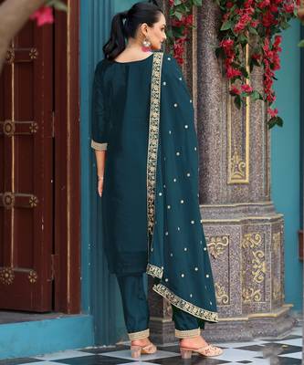 Blue color viscosee jacquard woven and embroidered salwar kameez 2