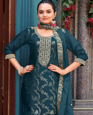 Blue color viscosee jacquard woven and embroidered salwar kameez 3