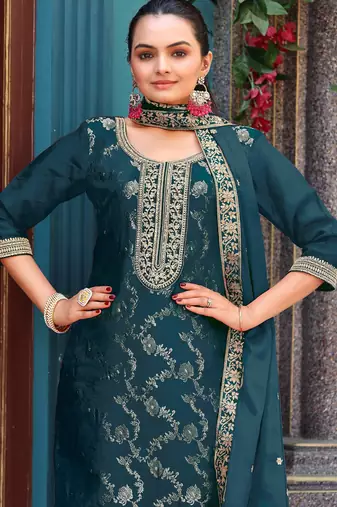 Blue color viscosee jacquard woven and embroidered salwar kameez