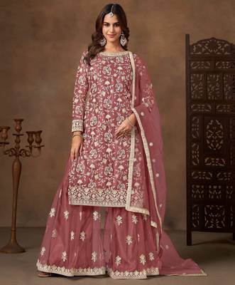 Pink color elegant net fabric embroidered palazzo suit 1