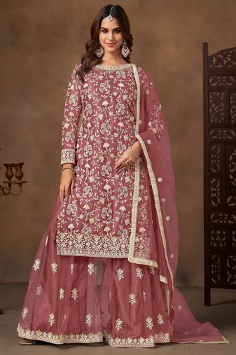 Pink color elegant net fabric designer embroidered palazzo suit