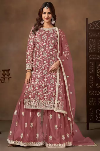 Pink color elegant net fabric designer embroidered palazzo suit