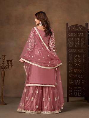 Pink color elegant net fabric embroidered palazzo suit 2