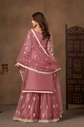 Pink color elegant net fabric embroidered palazzo suit