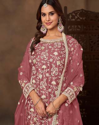 Pink color elegant net fabric embroidered palazzo suit 3