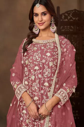 Pink color elegant net fabric embroidered palazzo suit