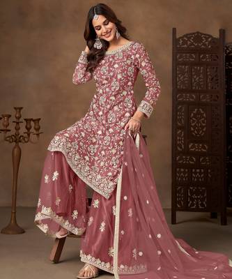 Pink color elegant net fabric embroidered palazzo suit 4